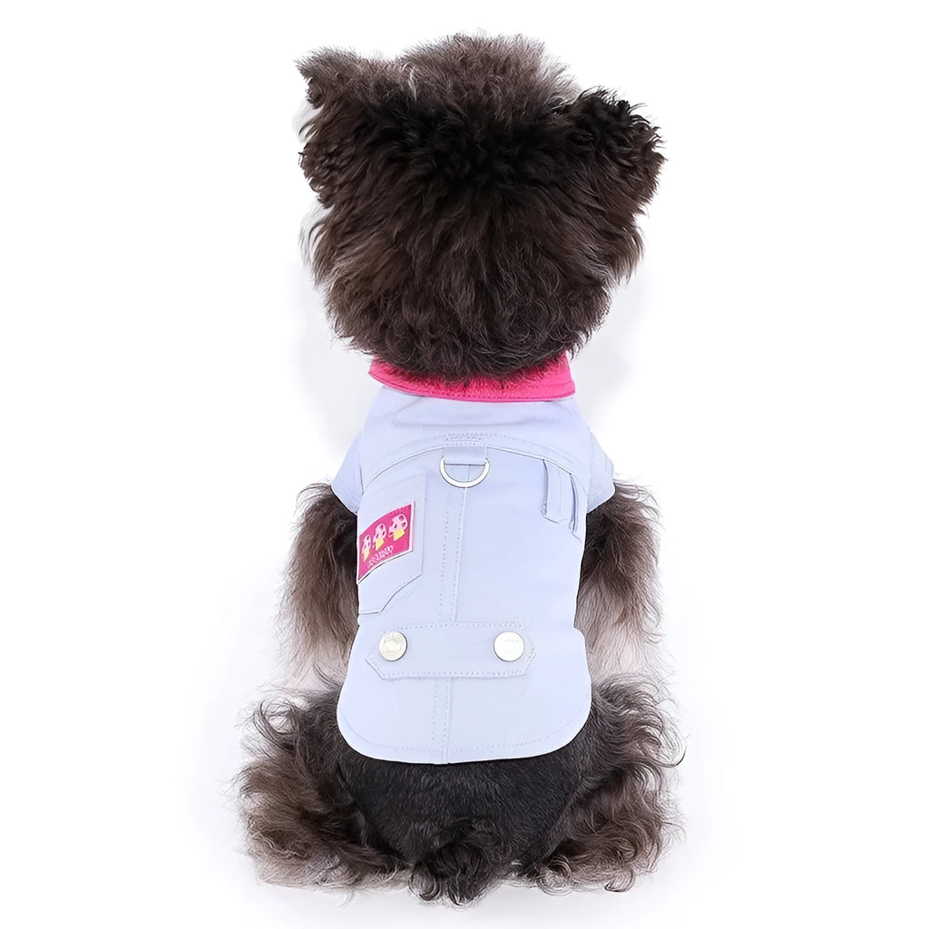 Blue and purple polyester dog harness vest with chest strap and back D-ring for small breeds.