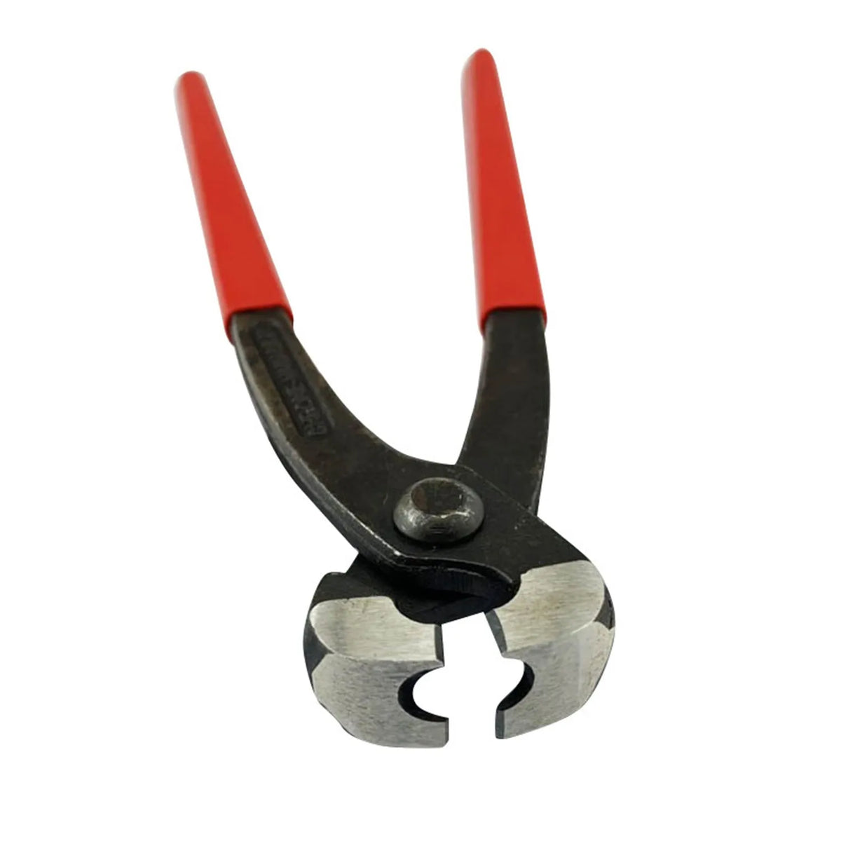 Red cloth style single ear PEX clamp tool set on a metal background.