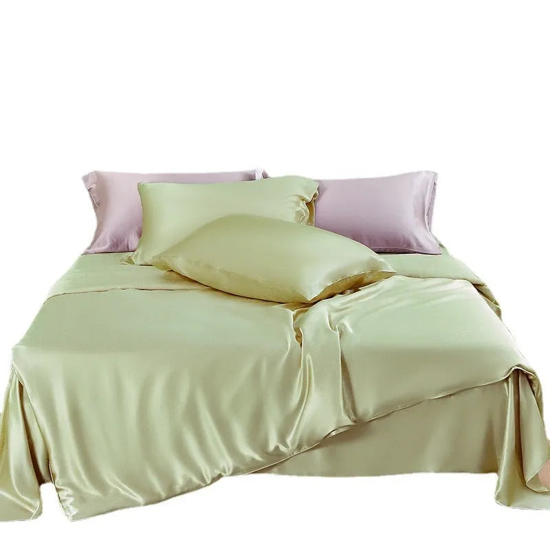 Solid colour double-sided silk duvet cover shown in bright brown, with other colour options available.