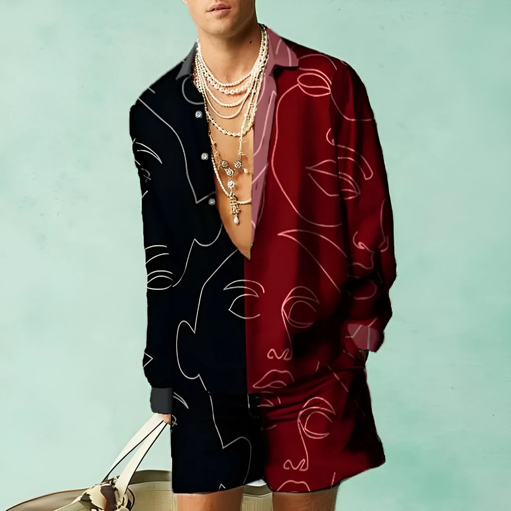 Man wearing a loose-fit long-sleeved shirt and matching shorts from a casual summer two-piece set.