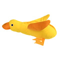 Yellow plush duck dog toy with squeaker and food leak compartment for treats.
