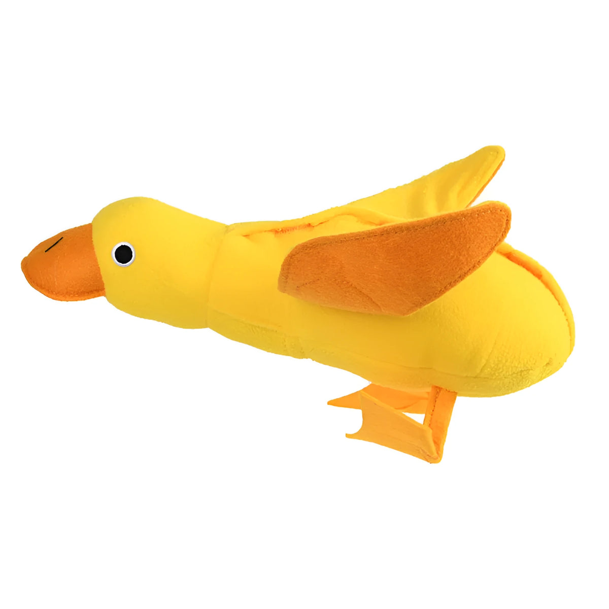 Yellow plush duck dog toy with squeaker and food leak compartment for treats.