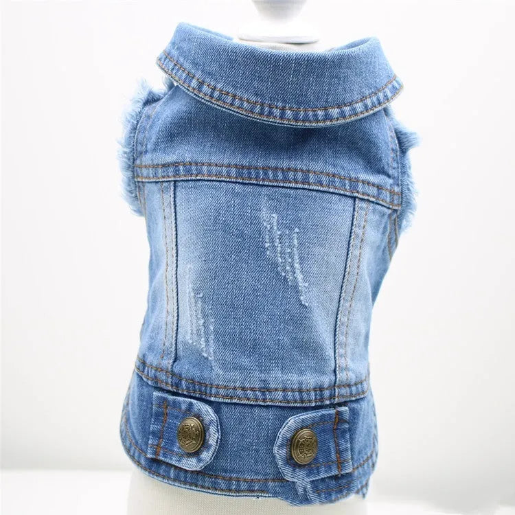 Retro scratch pattern denim vest for a small white dog on a model, showing dark and light colour options.
