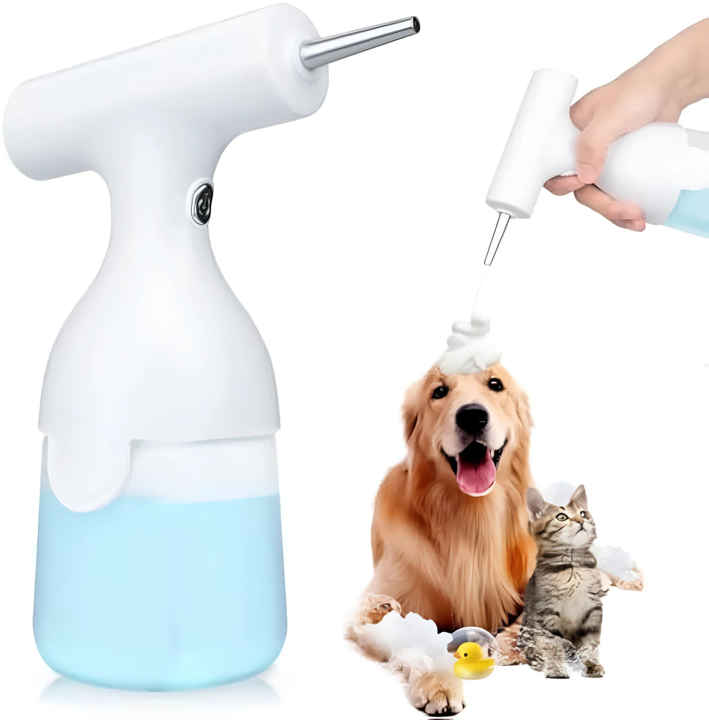 White electric foam soap dispenser with two nozzles and USB cable for rechargeable pet and home cleaning.