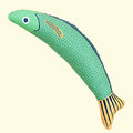 Soft plush fish-shaped cat toy filled with organic catnip in green, orange, or yellow.