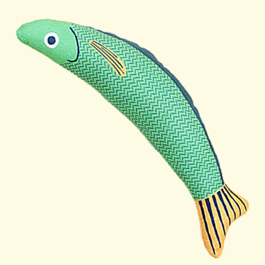 Soft plush fish-shaped cat toy filled with organic catnip in green, orange, or yellow.