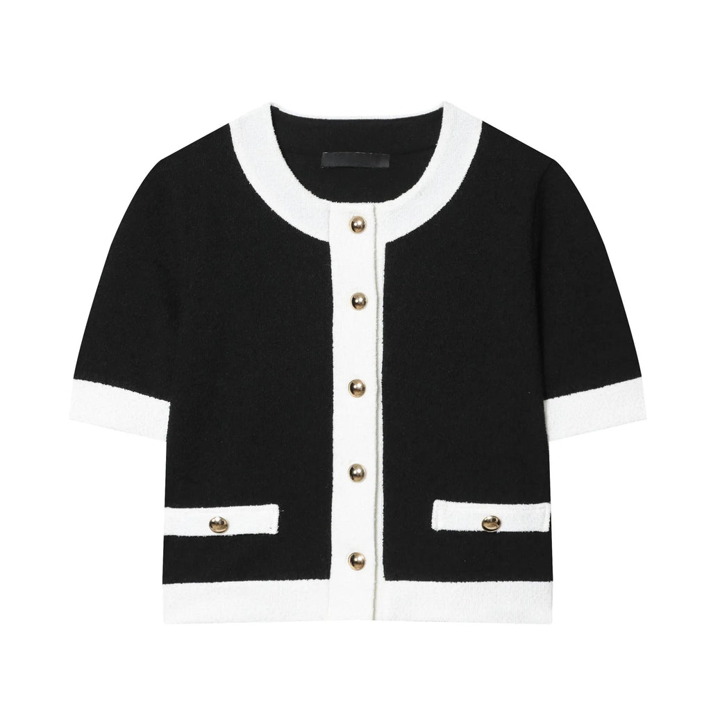 Women's casual polyester suit with beaded leather detail on top and stretch high-waisted trousers.