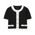 Women's casual polyester suit with beaded leather detail on top and stretch high-waisted trousers.