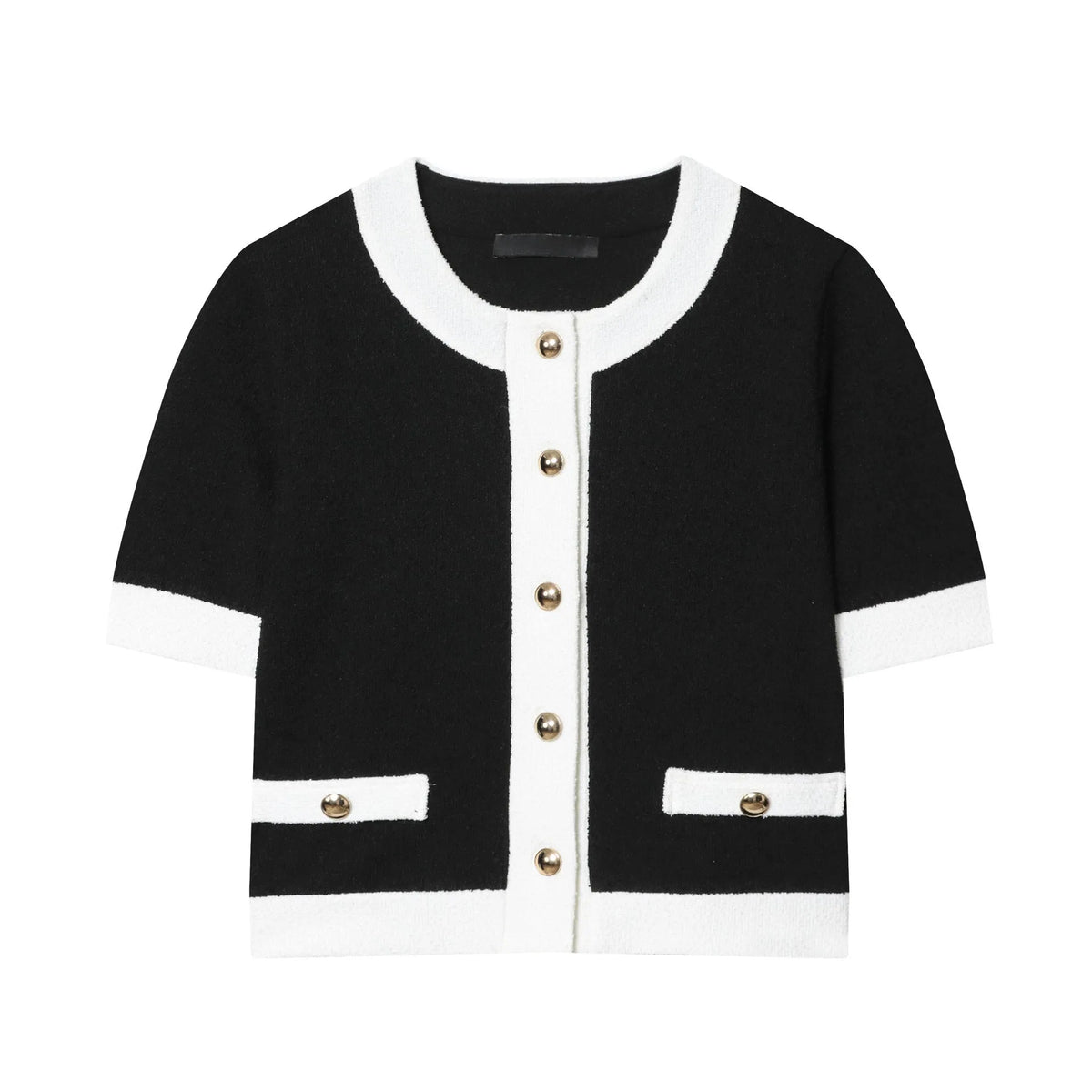 Women's casual polyester suit with beaded leather detail on top and stretch high-waisted trousers.