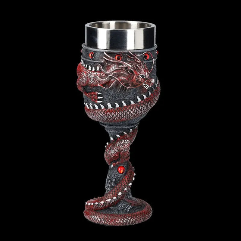 Gold stainless steel red wine glass with 3D Chinese dragon decoration showing 200ml capacity