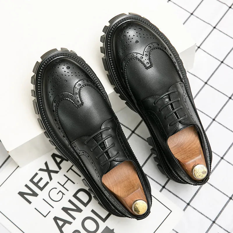 Men's black and brown formal brogue shoes with round toe and artificial PU upper.
