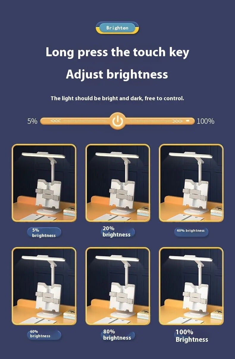 Adjustable LED desk lamp with bookshelf design for reading and study tasks