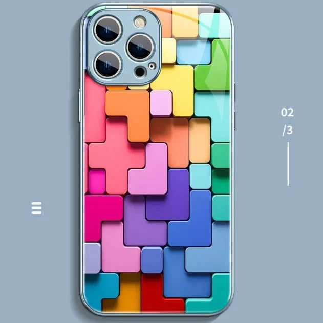 Colourful cartoon geometric design silicone back cover case for iPhone on a white background.