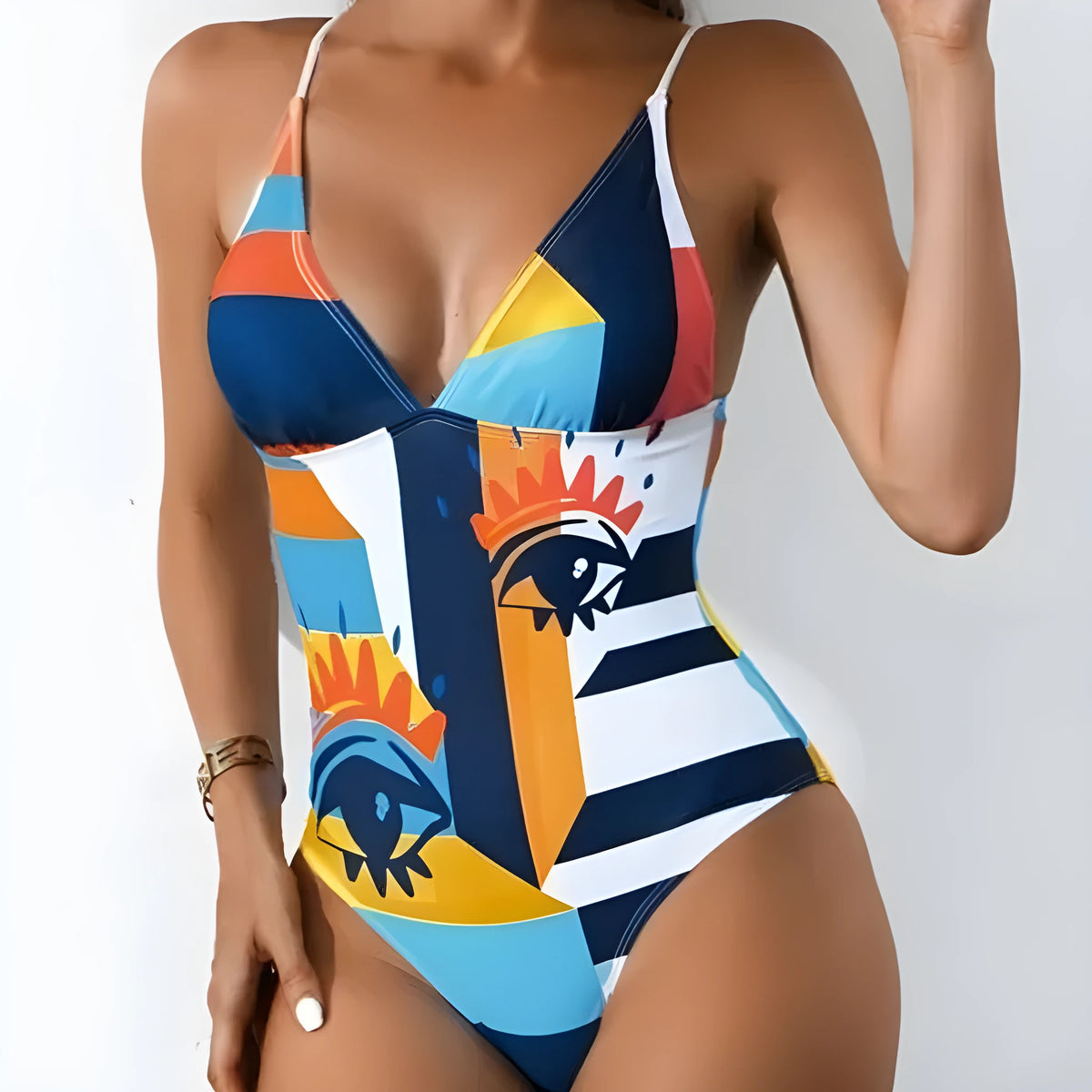 Women's plus size printed one-piece swimsuit in blue with high elasticity spandex lining