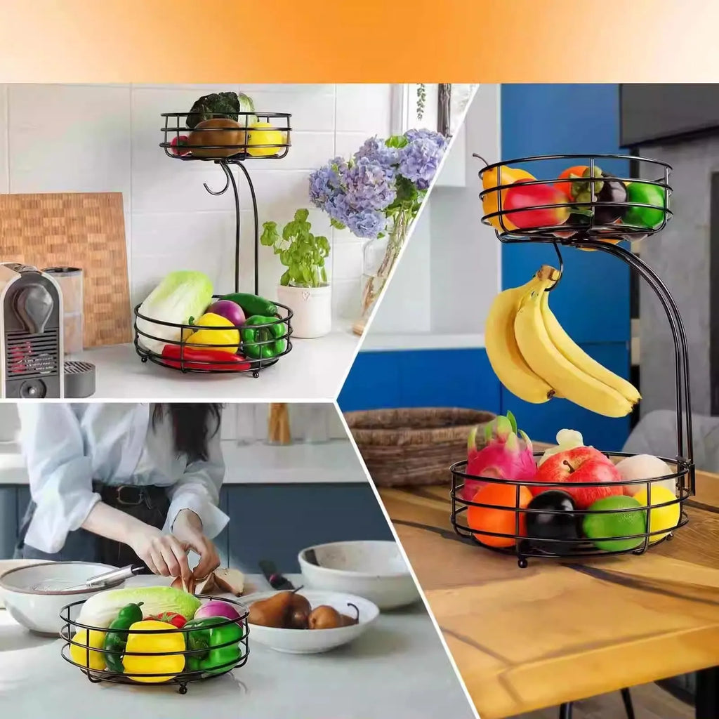 Double-tier black wrought iron fruit basket filled with assorted fruits on a countertop