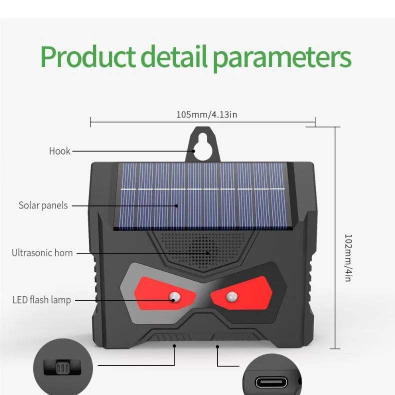 Black solar ultrasonic animal repeller for outdoor pest control with USB charging cable