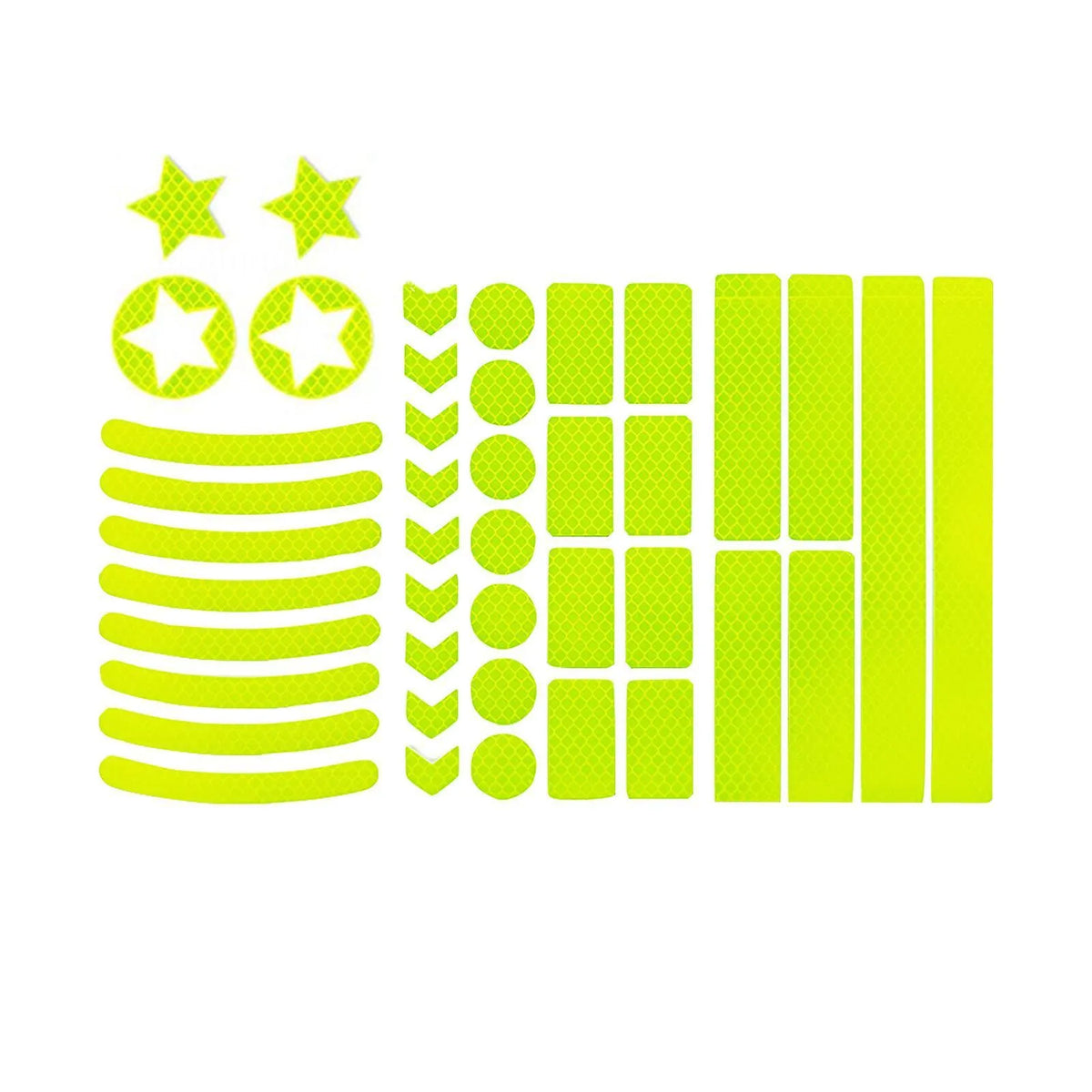 Geometric grid pattern reflective safety tape strip in fluorescent yellow, red, blue, and white colour options.