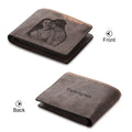 Engraved horizontal short wallet in coffee PU leather showing custom text, measuring 120x99x25mm