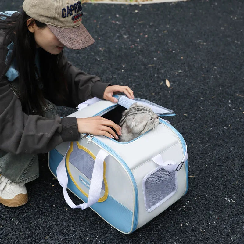Foldable outdoor cat backpack carrier in blue colour with contrast pattern and adjustable straps