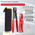 Red cloth style single ear PEX clamp tool set on a metal background.