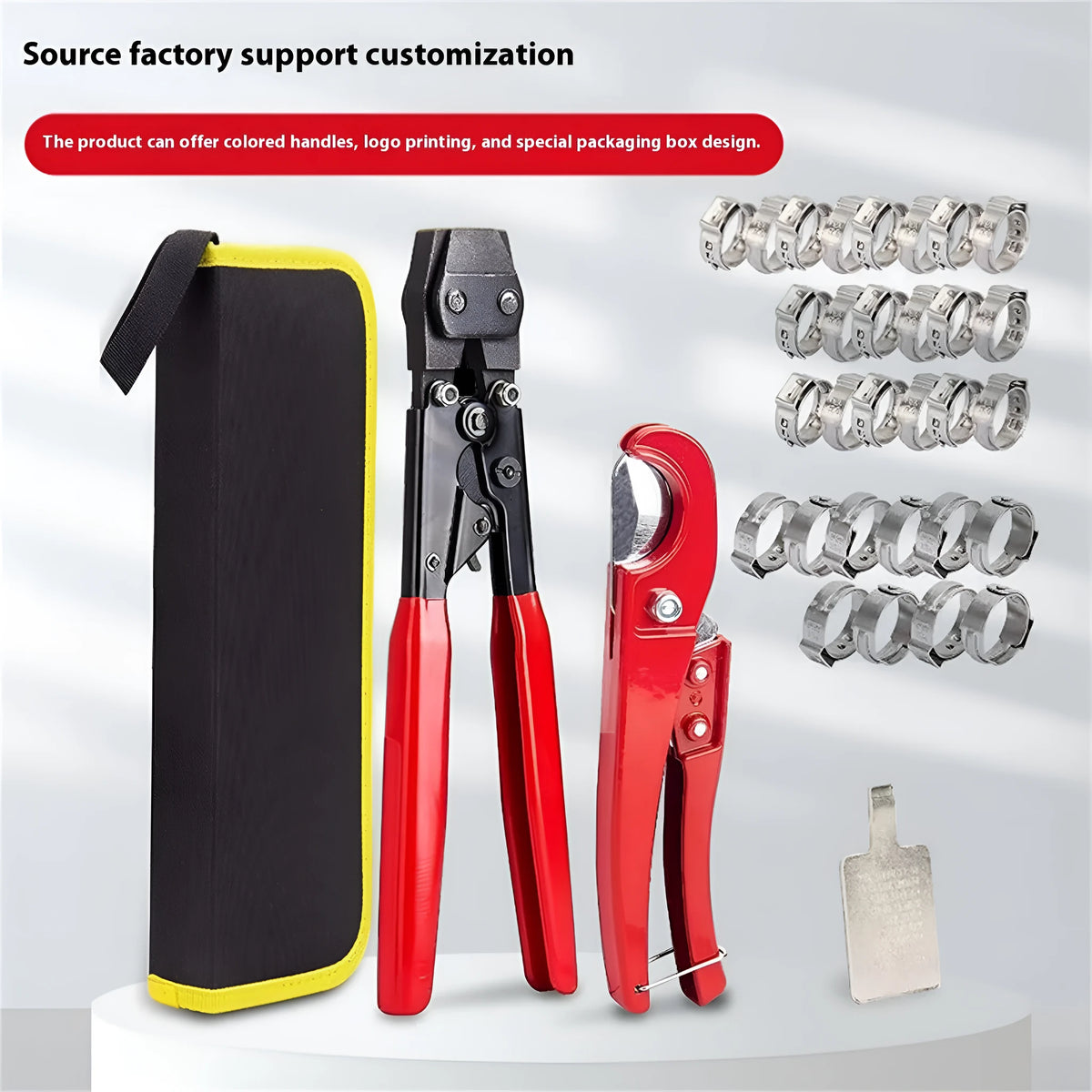 Red cloth style single ear PEX clamp tool set on a metal background.