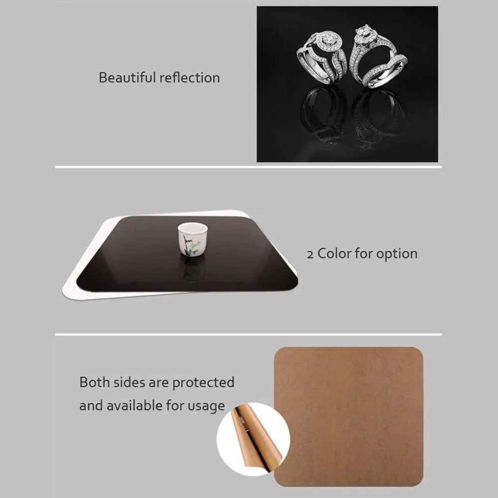 Black and white acrylic reflection boards in 20cm, 30cm, and 40cm square sizes for photography.