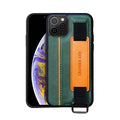 Brown imitation leather iPhone case with wrist strap showing stitching details