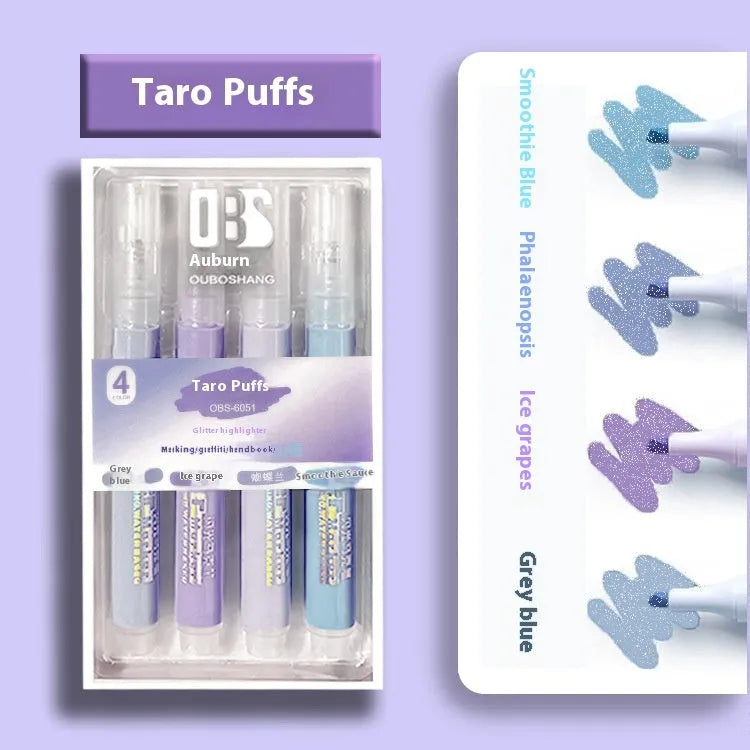 Set of four glitter highlighter pens with star river design and slanted tips in assorted colours.