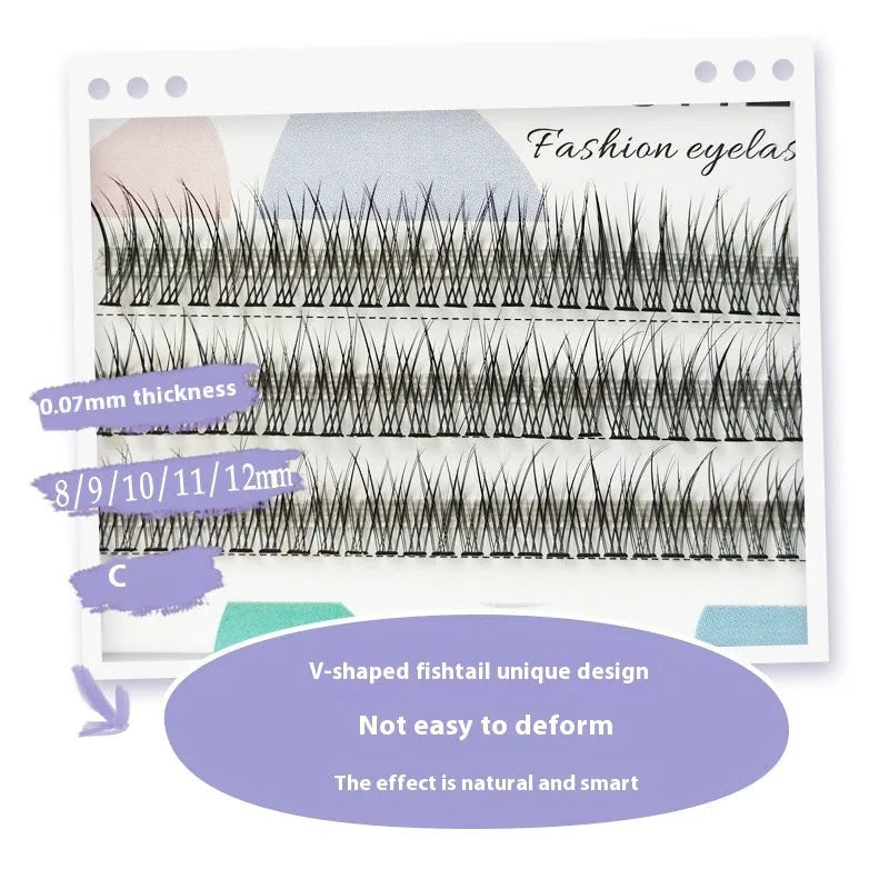 V-shaped fairy fishtail false eyelashes with thick black segments in graduated lengths on clear band