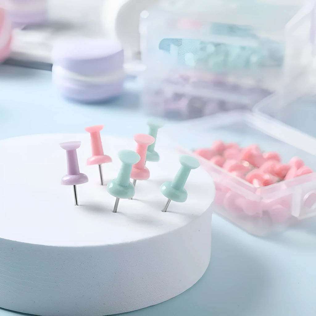 Box of macaron colour plastic push pins showing large and small sizes in cherry blossom pink, mint green, and lavender.