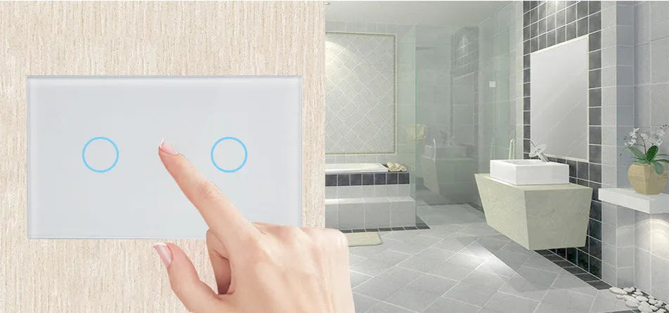 White 2-gang RF remote control wall switch with tempered glass touch panel and LED indicators