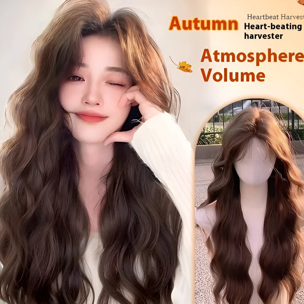 A woman wearing a long curly synthetic wig with side bangs, available in cold brown and brown black colours.