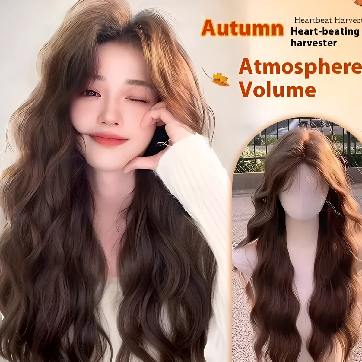 A woman wearing a long curly synthetic wig with side bangs, available in cold brown and brown black colours.