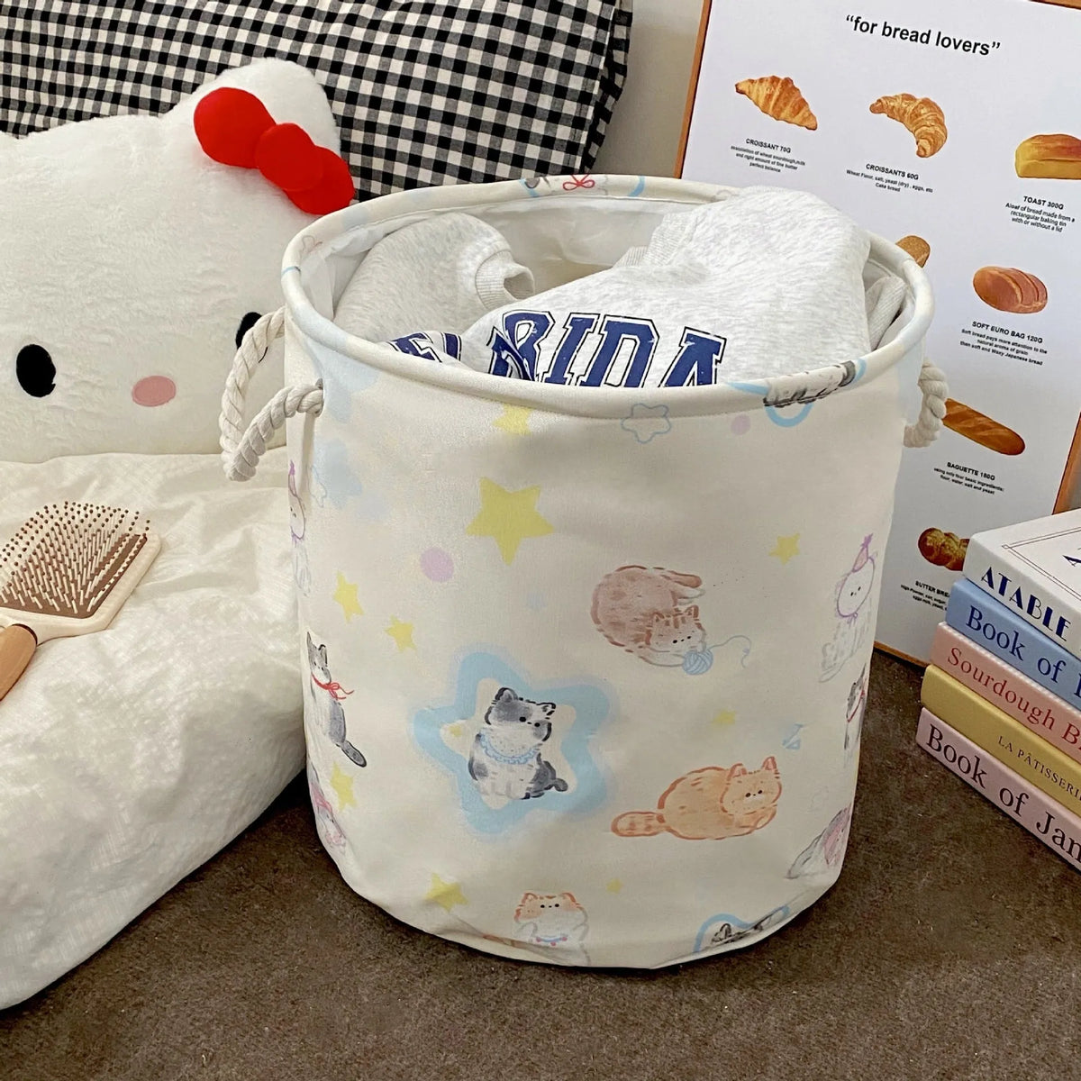 Foldable cotton laundry basket showing one of twelve colour designs for bedroom or bathroom storage