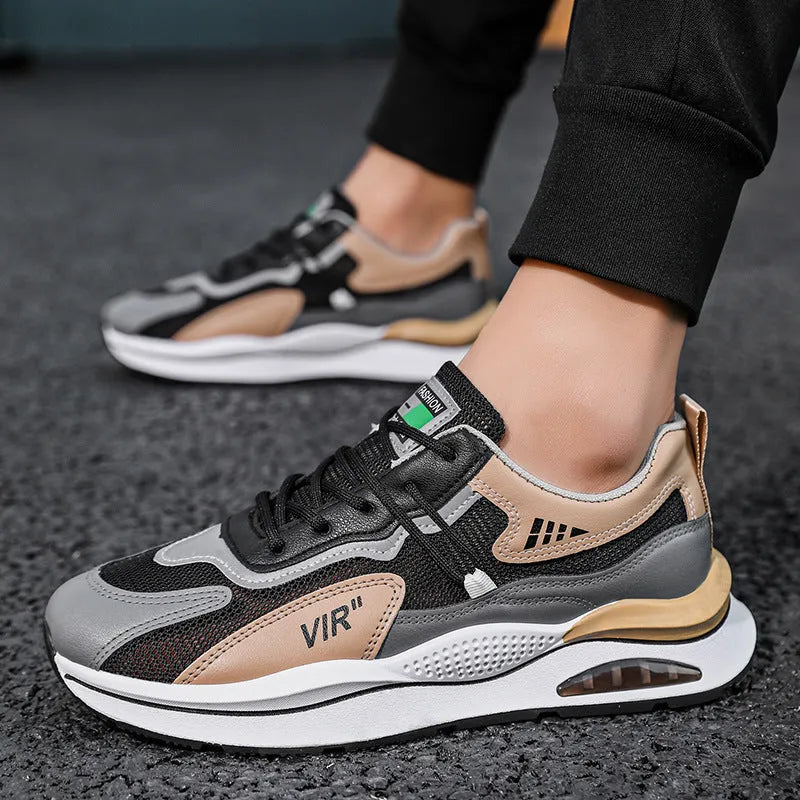 Men's grey mesh casual shoes with round toe and mid-top height design
