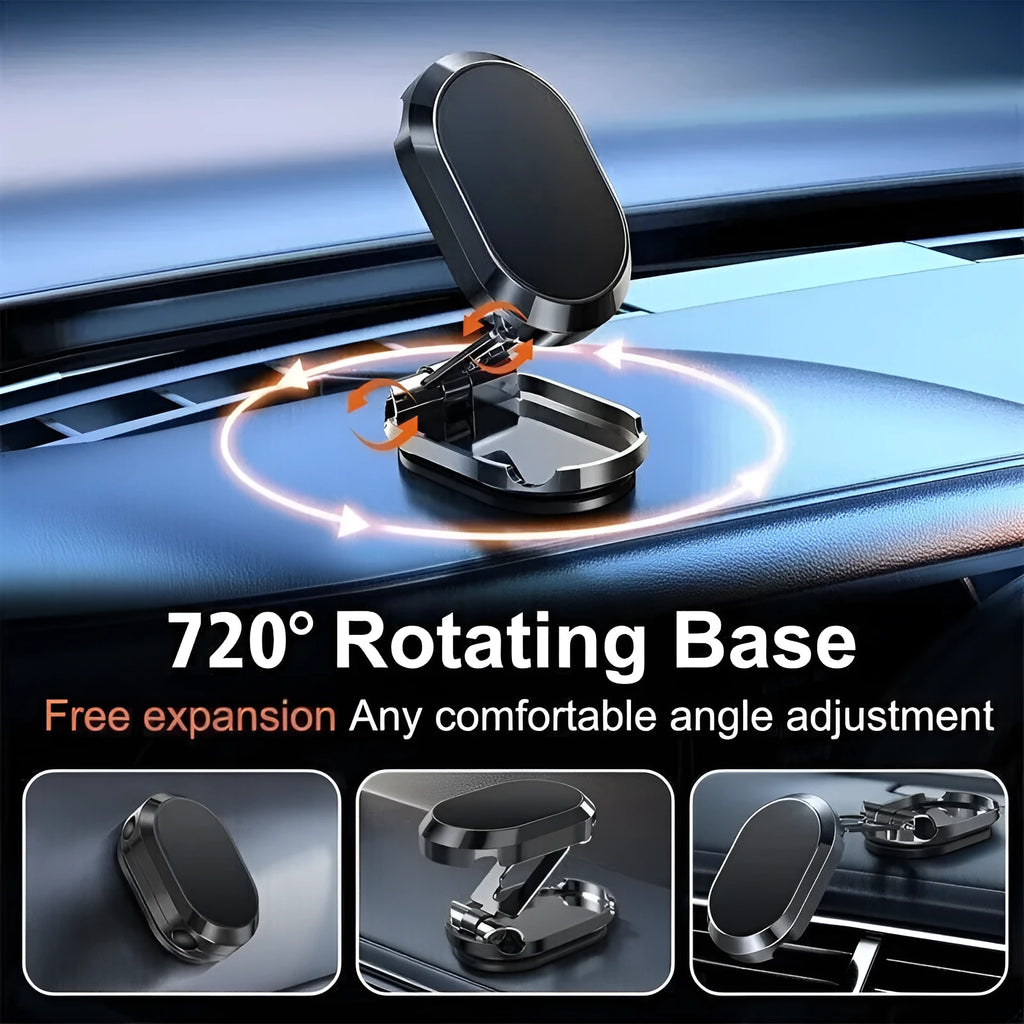 Chrome finish magnetic car phone holder with folded and extended positions showing adjustable head