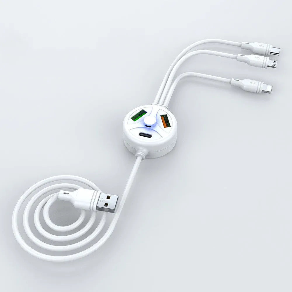 White PVC phone charging cable with USB, Micro USB, and TYPE-C connectors on a 1.2m length