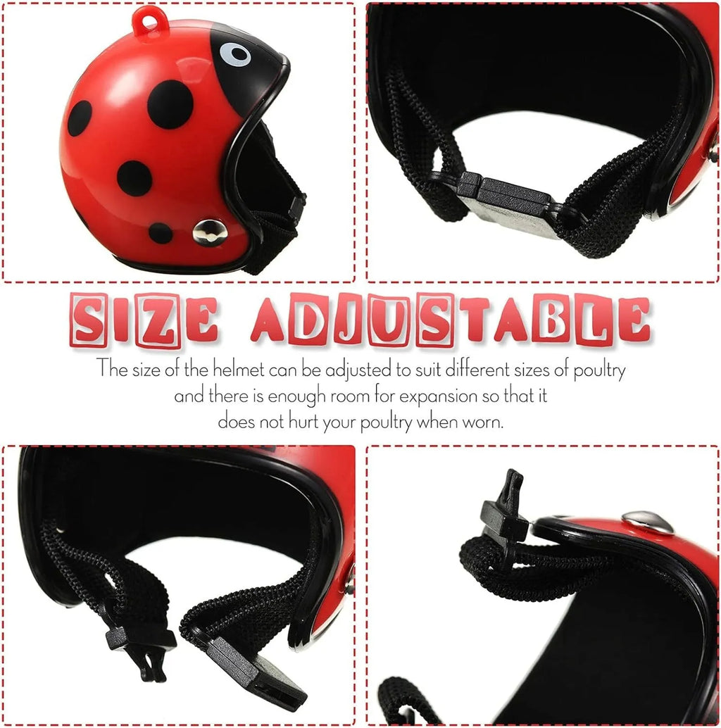 Adjustable hard plastic chicken helmet for small birds with elastic bands and sponge lining