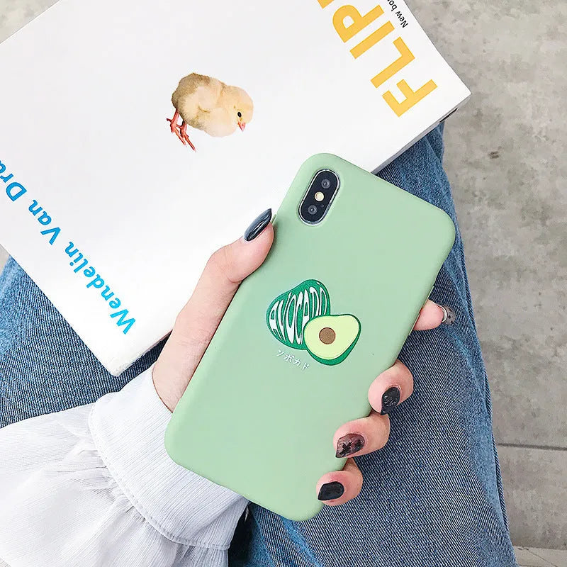 Avocado cartoon design on a green TPU smartphone back cover case.