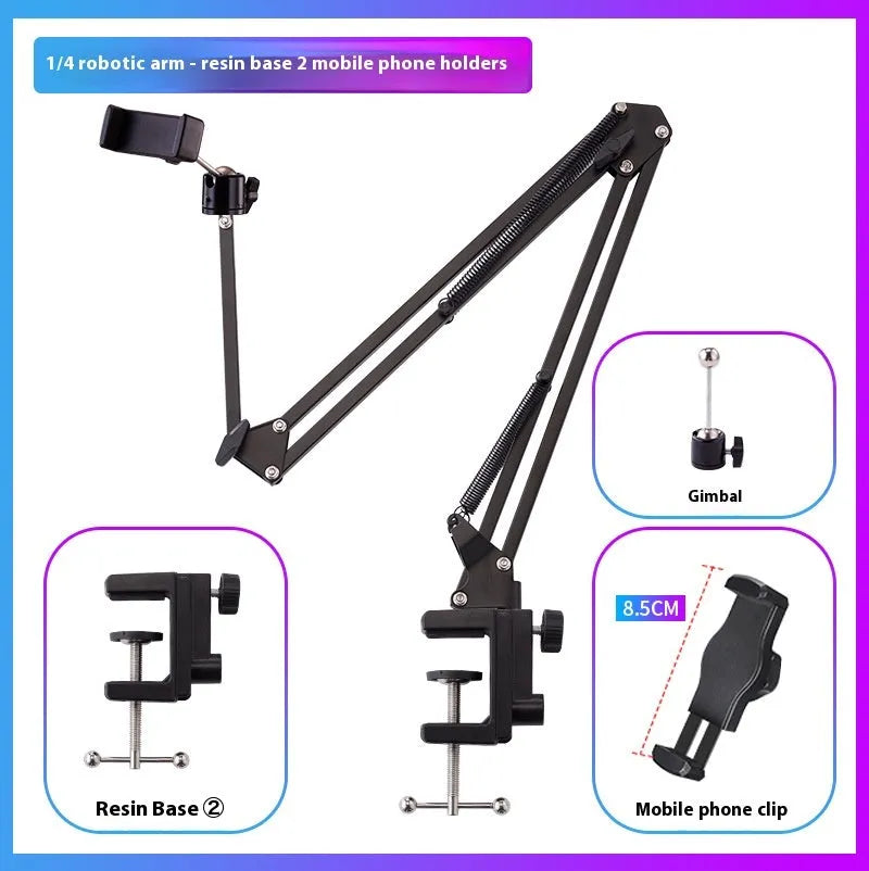 Black foldable metal desktop bracket holding tablet at adjustable angle