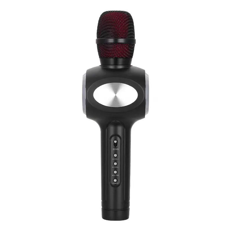 Yaerjia E108 black, gold, and pink mobile karaoke microphone with built-in speakers