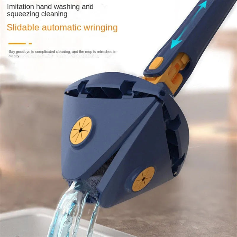 Blue triangle cleaning mop with rotating head on an extendable stainless steel pole.