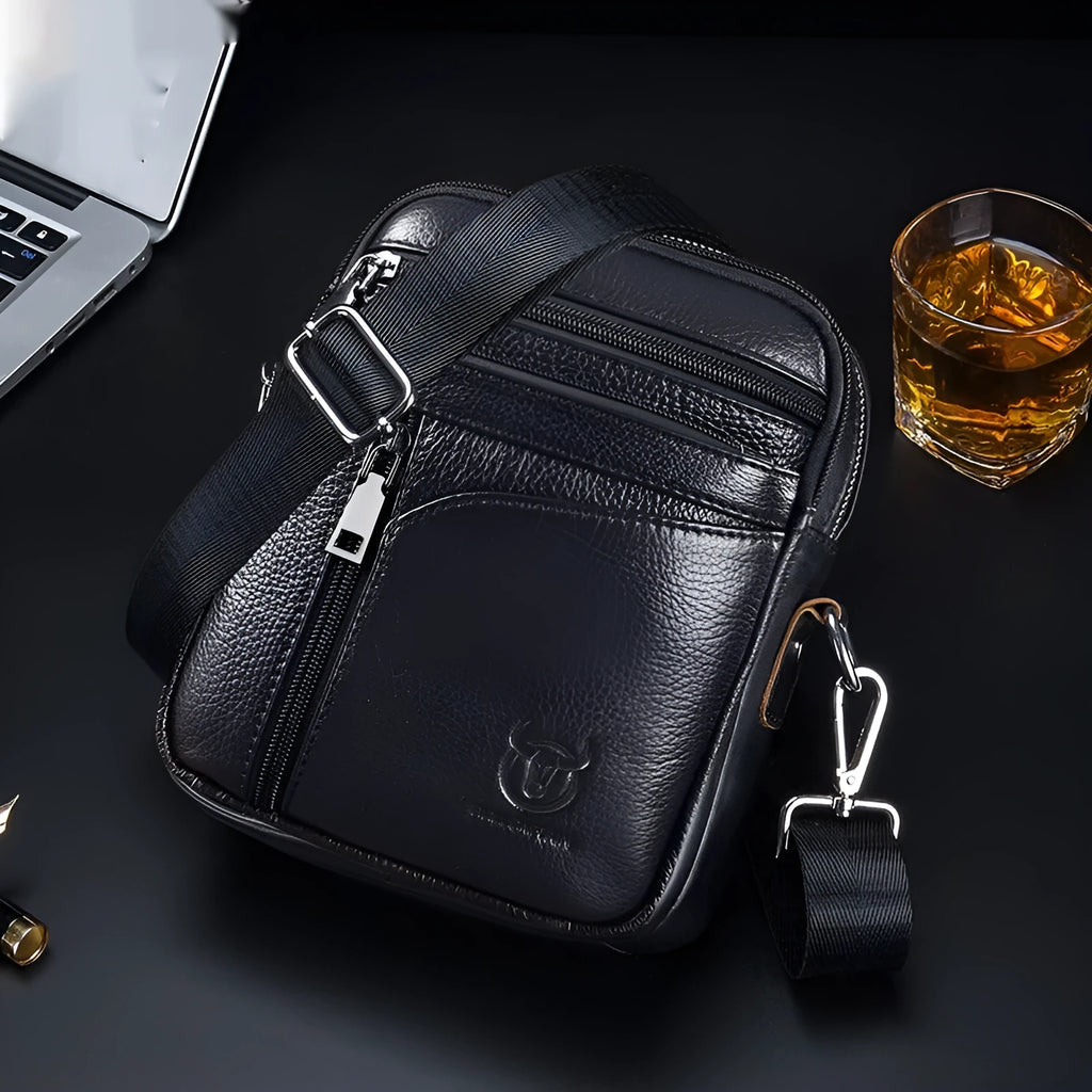 Black genuine leather men's shoulder messenger bag with retro styling for business and travel