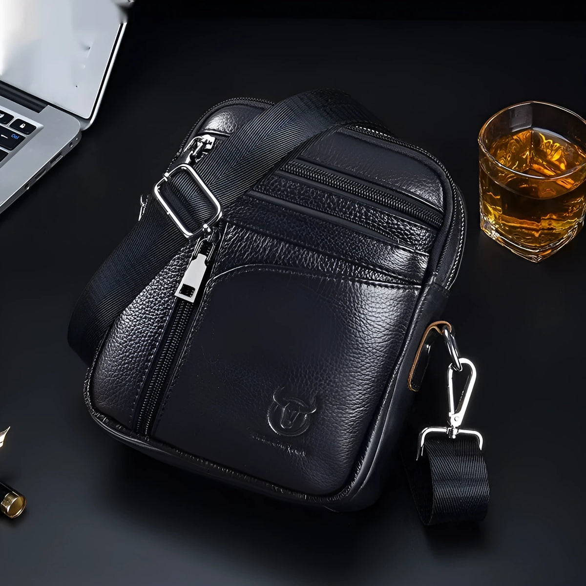 Black genuine leather men's shoulder messenger bag with retro styling for business and travel