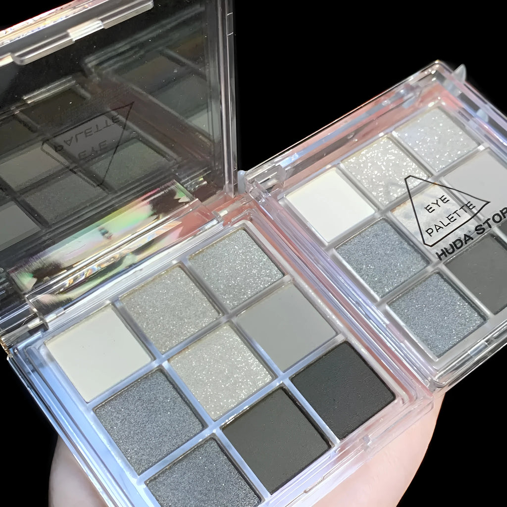 INS style nine-colour eye shadow palette showing white, silver, black, and iron grey shades.