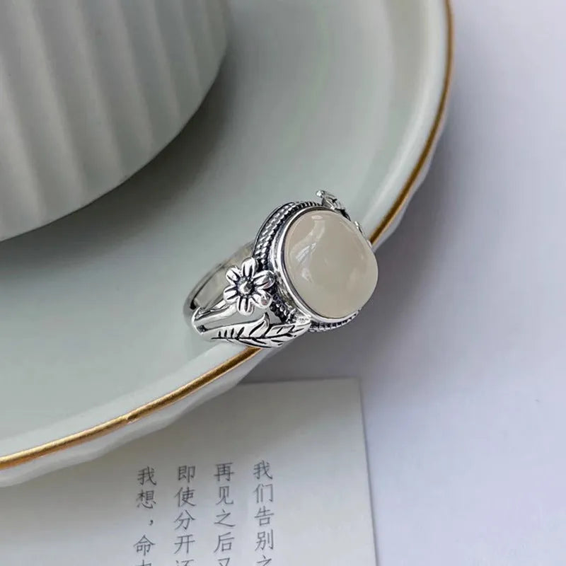 Copper adjustable opening ring with white chalcedony vintage finish and U-shaped design