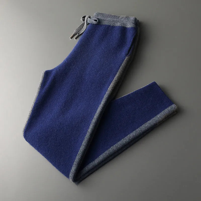 Men's navy blue cashmere wool blend cardigan and trouser winter suit with half turtleneck zipper