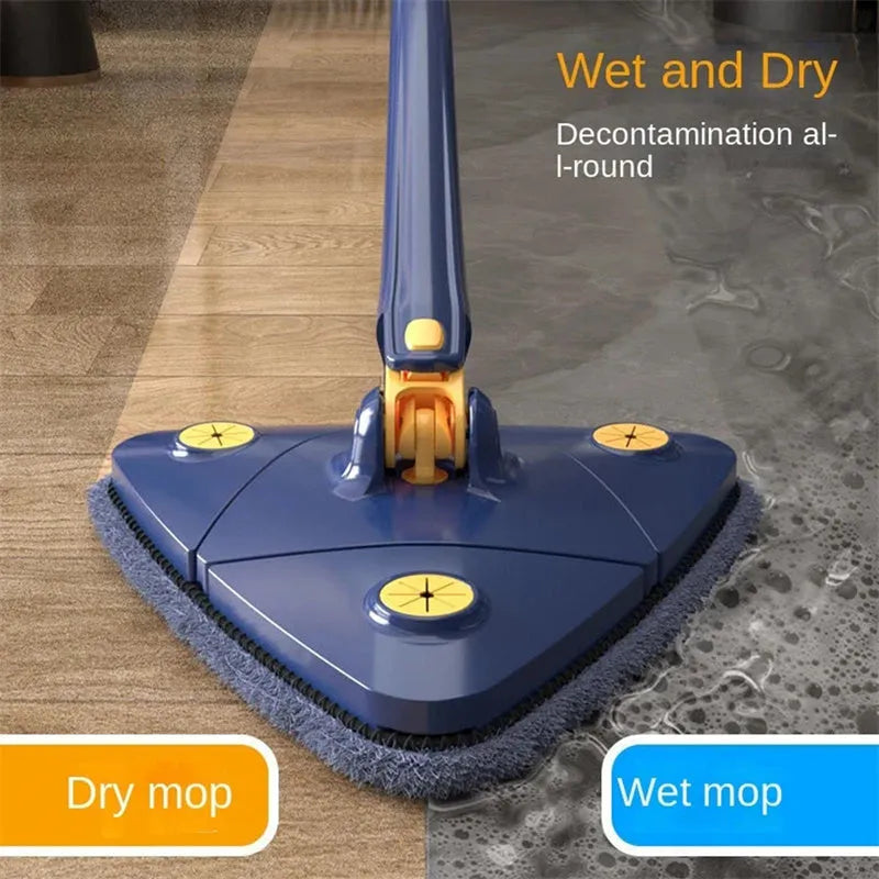 Blue triangle cleaning mop with rotating head on an extendable stainless steel pole.