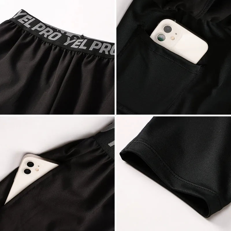 Men's tight grey sports pants made from quick-drying polyester spandex fabric for running and fitness.