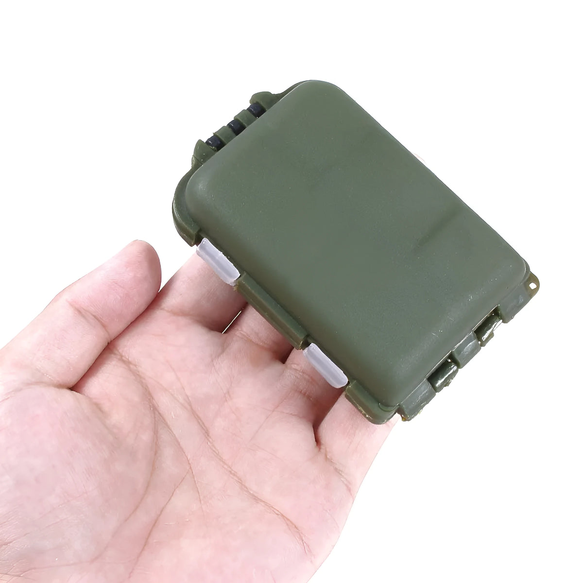 Plastic fishing tackle storage box with 10 internal compartments, shown in black, blue, and green.